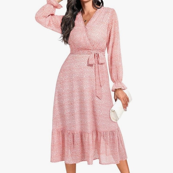 Pink Midi Wrap Dress with Bishop Sleeves NWOT - Picture 2 of 8